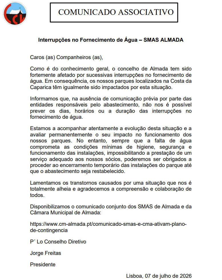Comunicado Associativo -Interrupções no Fornecimento de Água – SMAS ALMADA